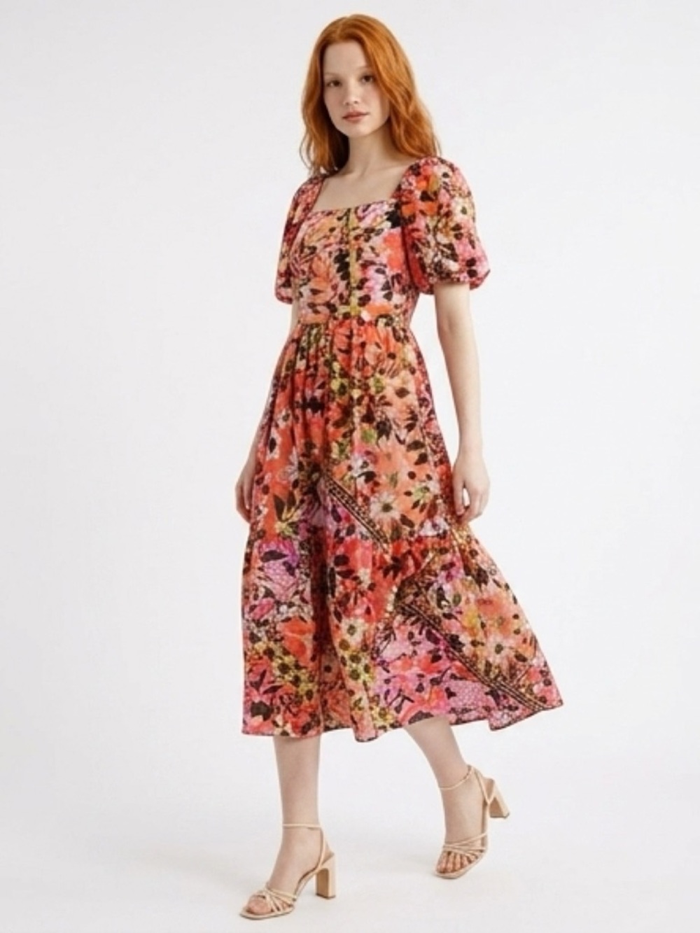 Vince Camuto Square Neck Floral Puff Sleeve A-Line Midi Dress Size 10 NWT $158